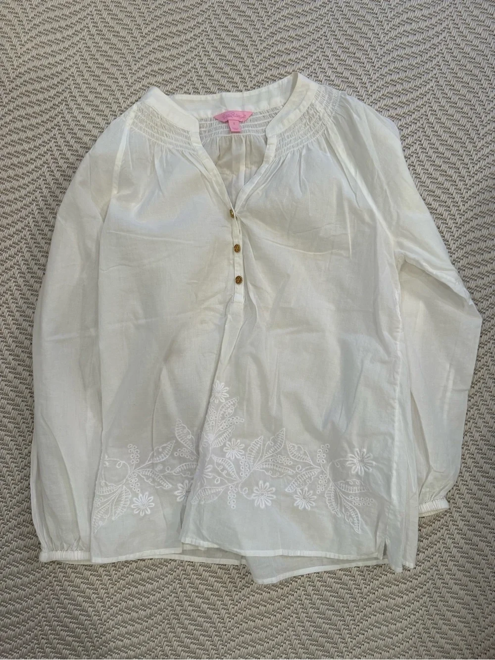 Lilly Pulitzer White Embroidered Long-Sleeve Peasant Blouse